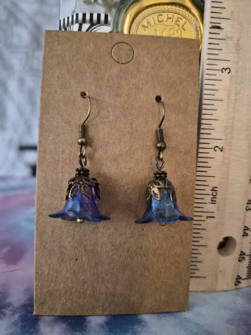 Handmade Blue Purple Glass Flower Drop Earrings - Unbranded